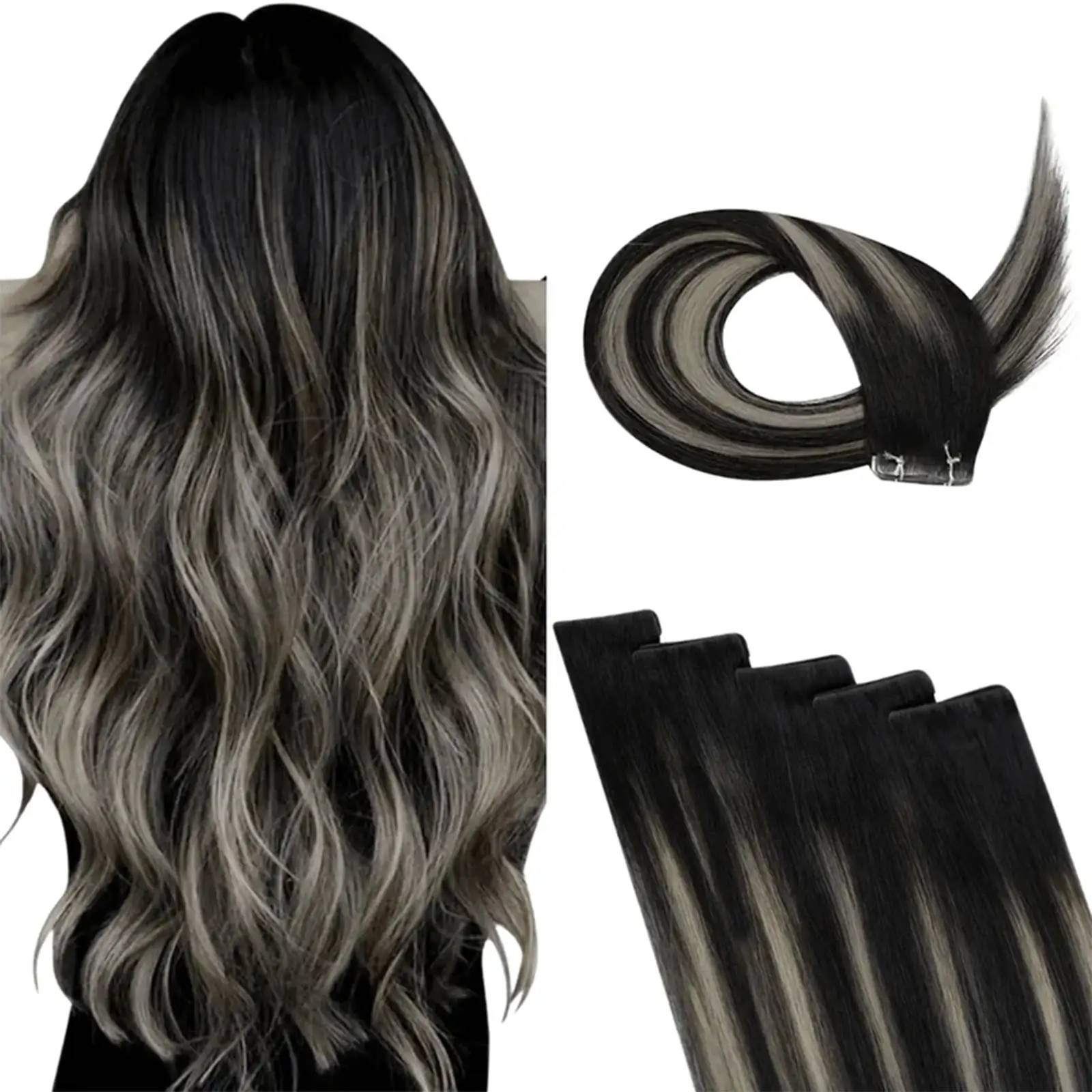 Virgin Injection Tape in Hair Extensions Silver Highlights #1B/S/1B